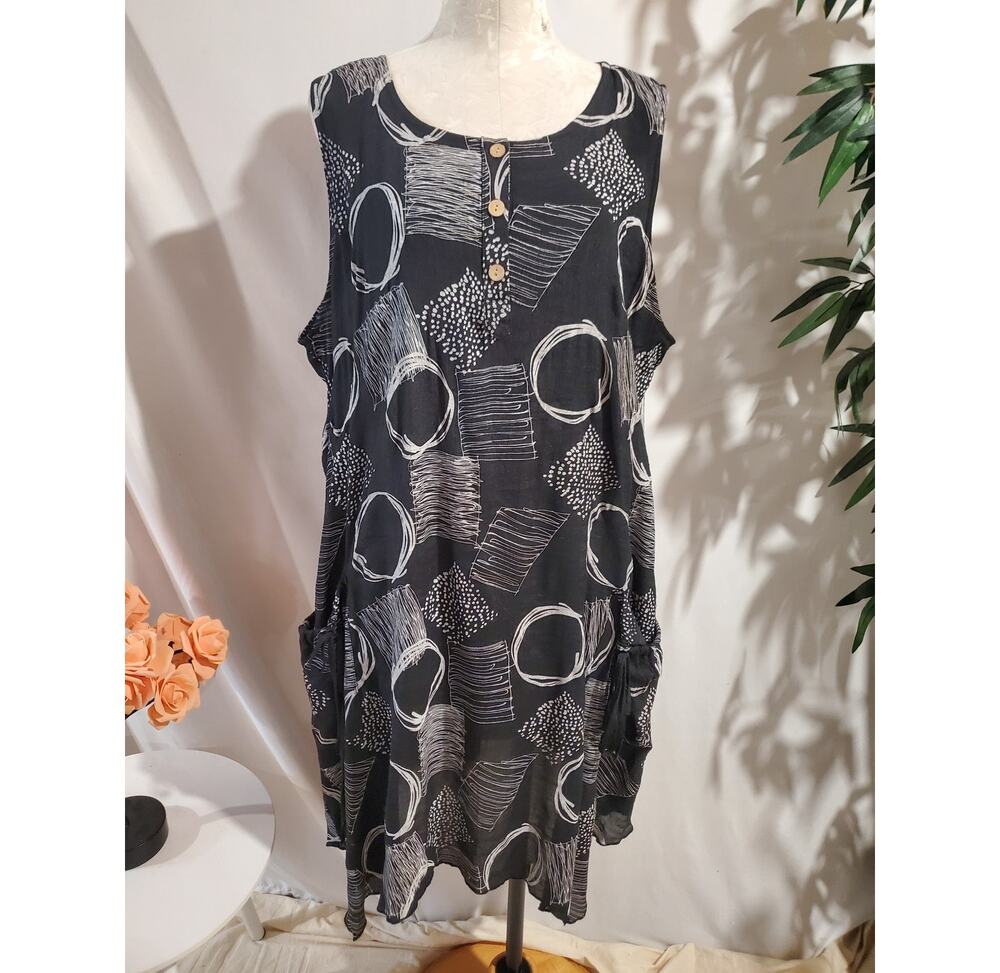 Creation Geometric Artsy Lagenlook Asymmetrical Pocket Dress Sz 2X Relaxed Black